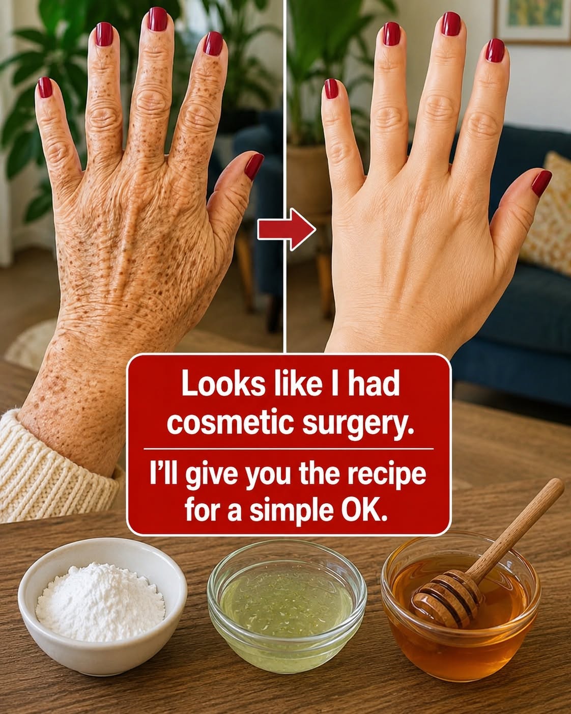 “It looks like I’ve had plastic surgery”: the home remedy many people use to improve the appearance of wrinkles and dark spots on their hands and arms. To keep receiving my recipes, just say… Thank you!